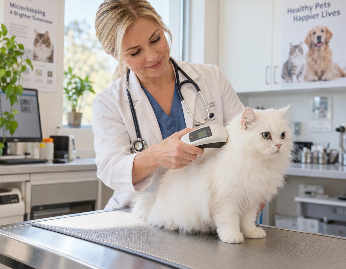 Tierarzt scannt Mikrochip bei Katze