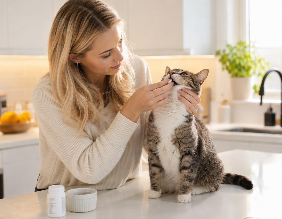 Frau gibt Katze ein Entwurmungsmittel
