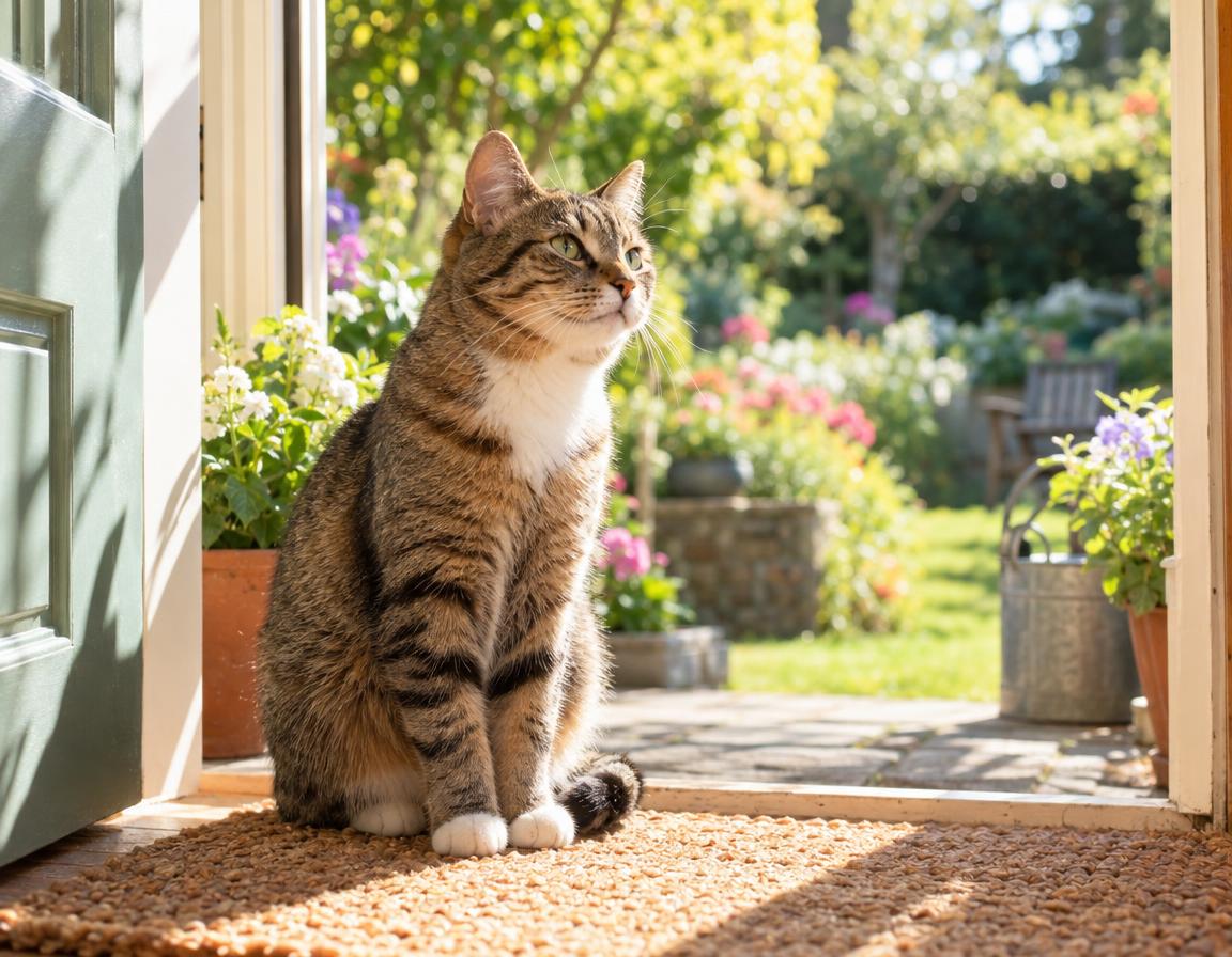 Katze sitzt im Garteneingang und schaut nach draußen