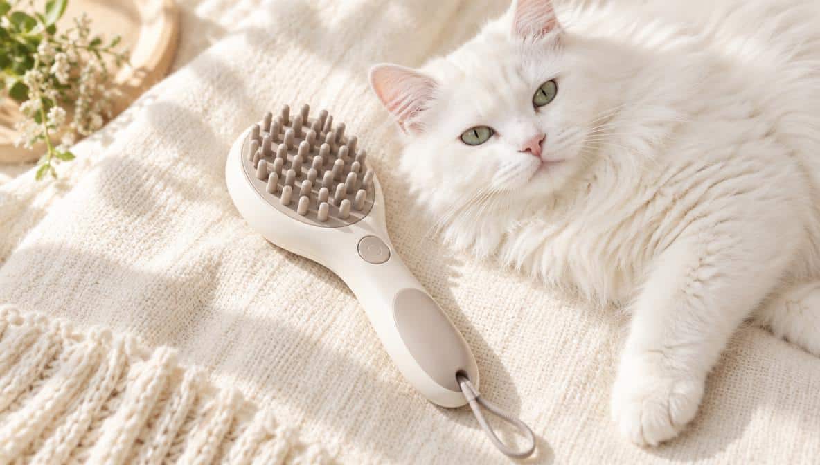 Elektrisches Katzen Massagegerät mit Silikonnoppen neben einer weißen Katze