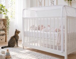 Mehr über den Artikel erfahren Katzenschutz für Babybett